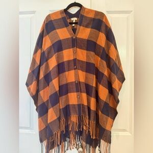 Matilda Jane burnt orange/navy button-up and fringe buffalo plaid poncho. EUC.